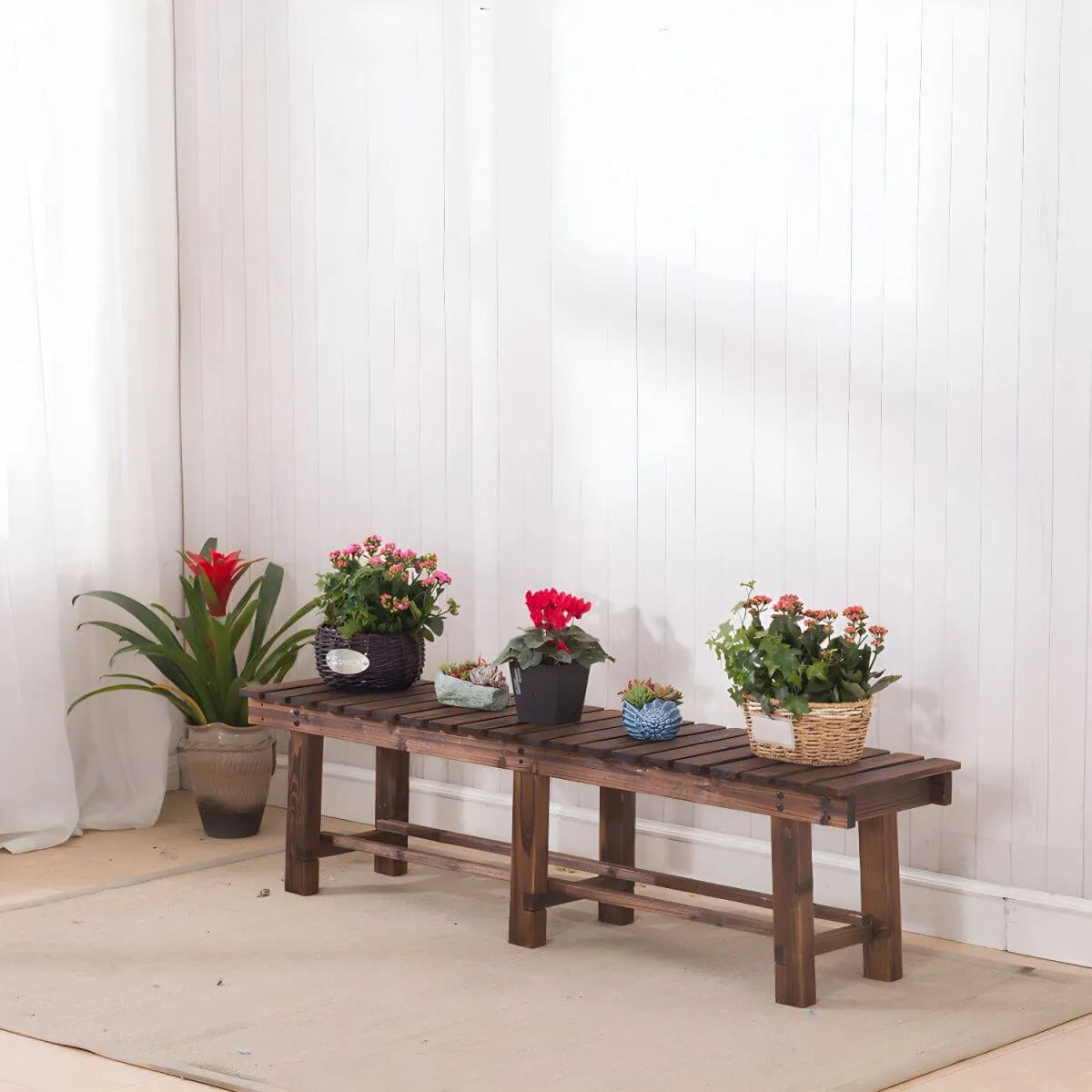 Rustic Solid Spruce Bench with Distressed Finish and H-Frame Support