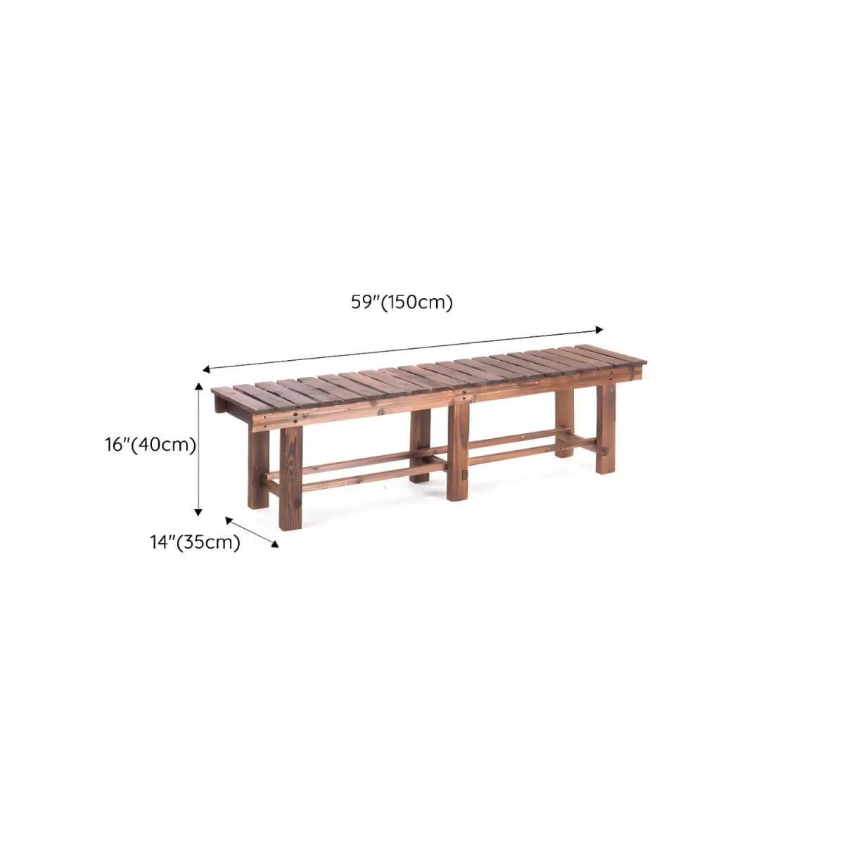 Rustic Solid Spruce Bench with Distressed Finish and H-Frame Support Dimensions