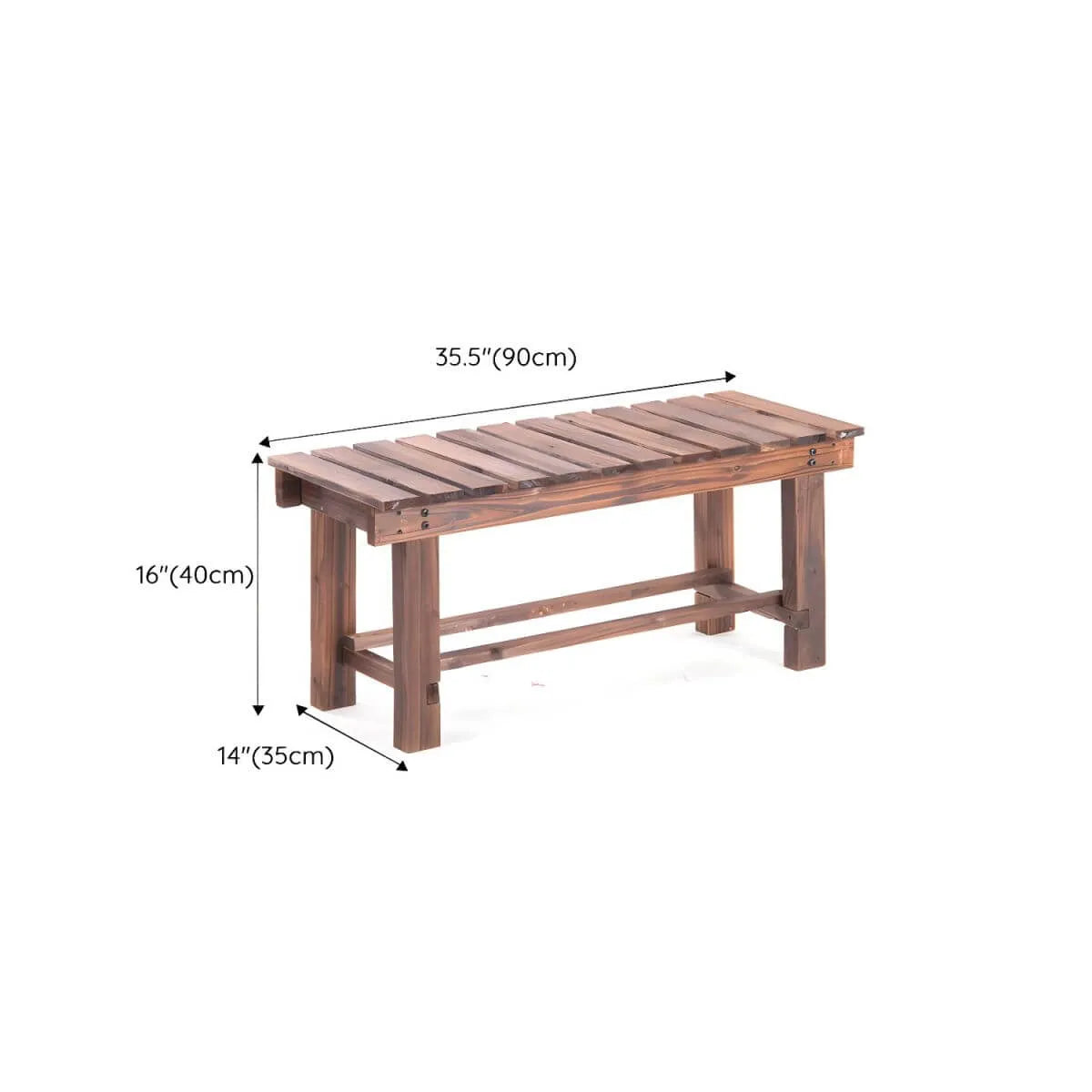 Rustic Solid Spruce Bench with Distressed Finish and H-Frame Support Dimensions