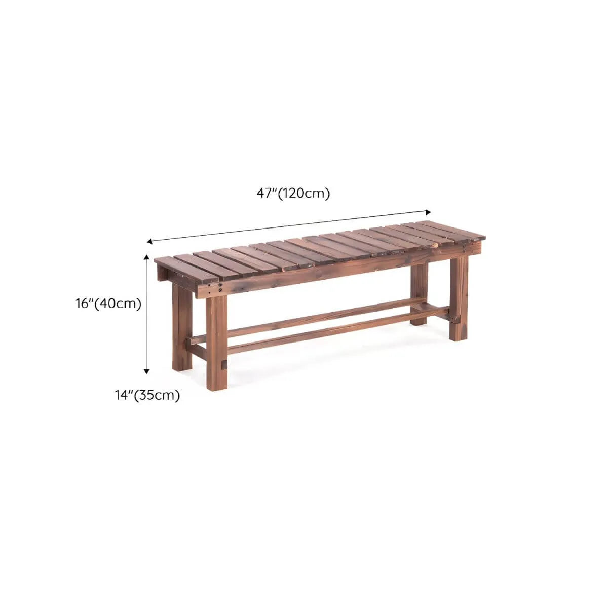 Rustic Solid Spruce Bench with Distressed Finish and H-Frame Support Dimensions