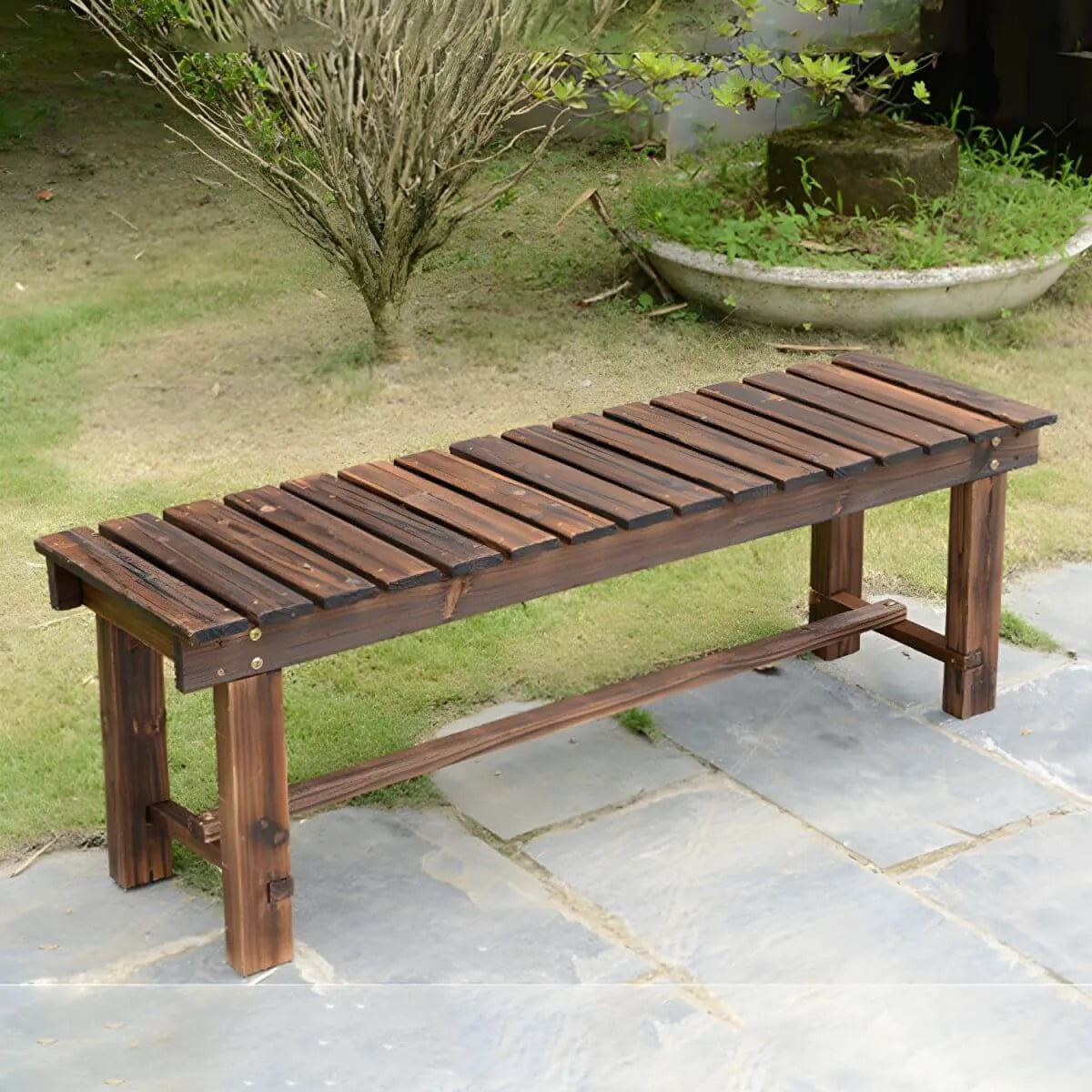 Rustic Solid Spruce Bench with Distressed Finish and H-Frame Support Main Product Image Main image