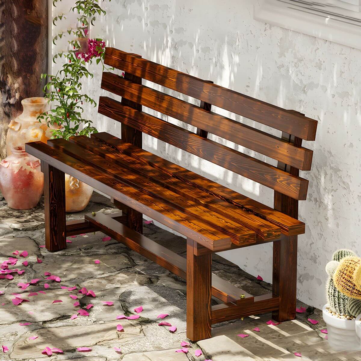 Rustic Solid Wood Outdoor Bench with Sculptural Backrest and Waterproof Finish