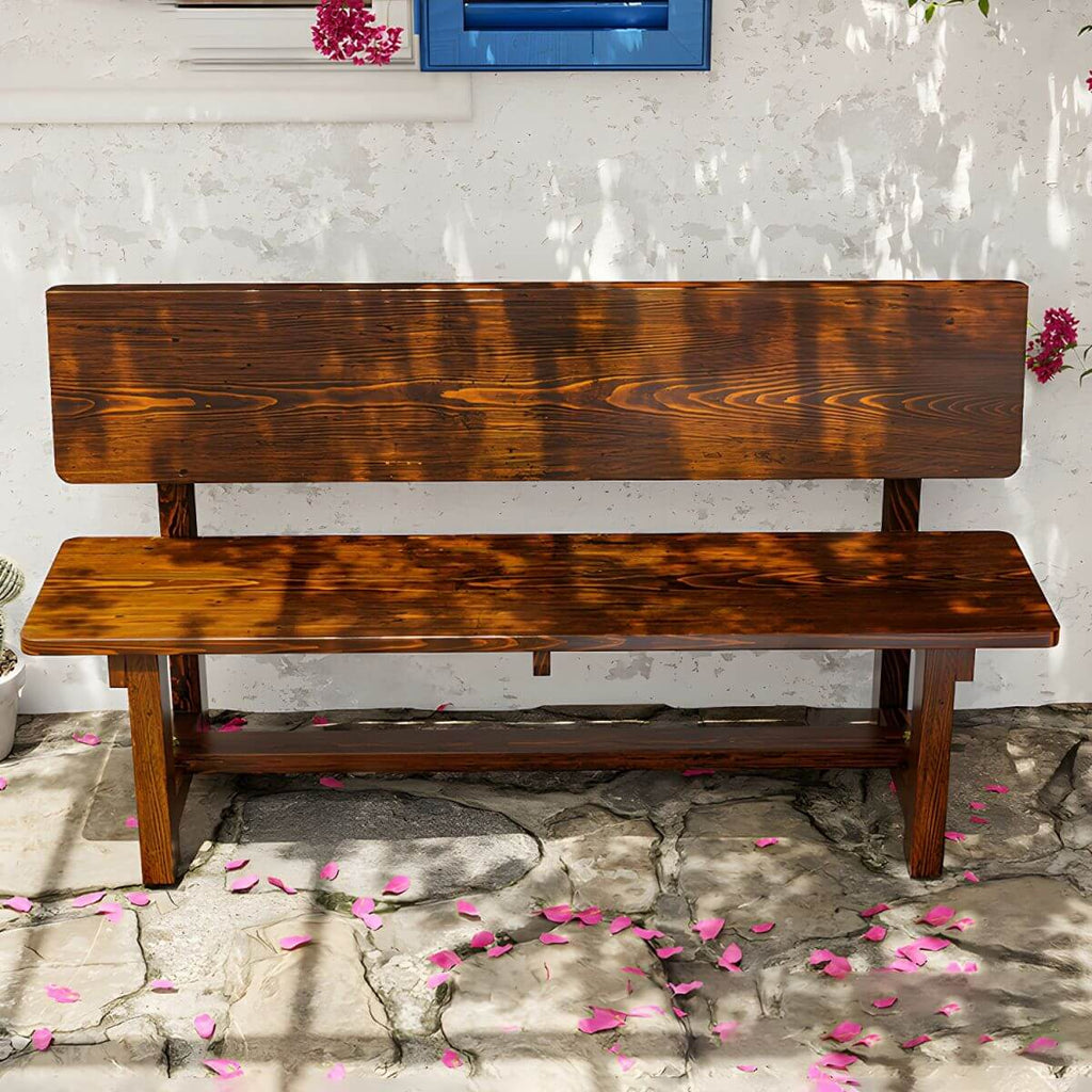 Rustic Solid Wood Outdoor Bench with Sculptural Backrest and Waterproof Finish
