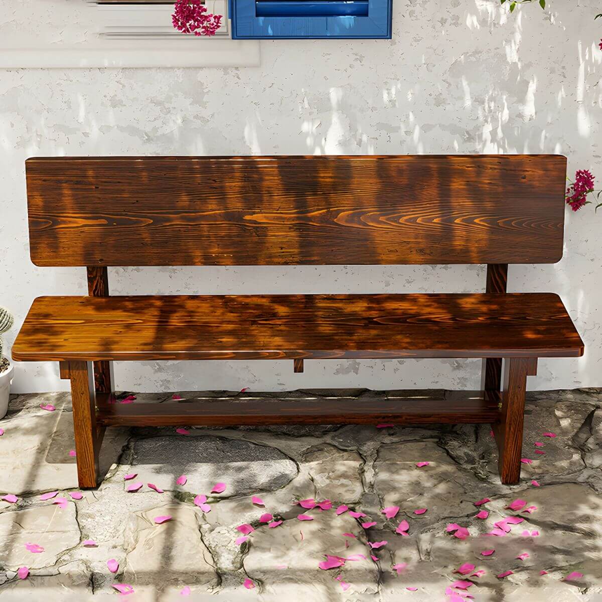 Rustic Solid Wood Outdoor Bench with Sculptural Backrest and Waterproof Finish
