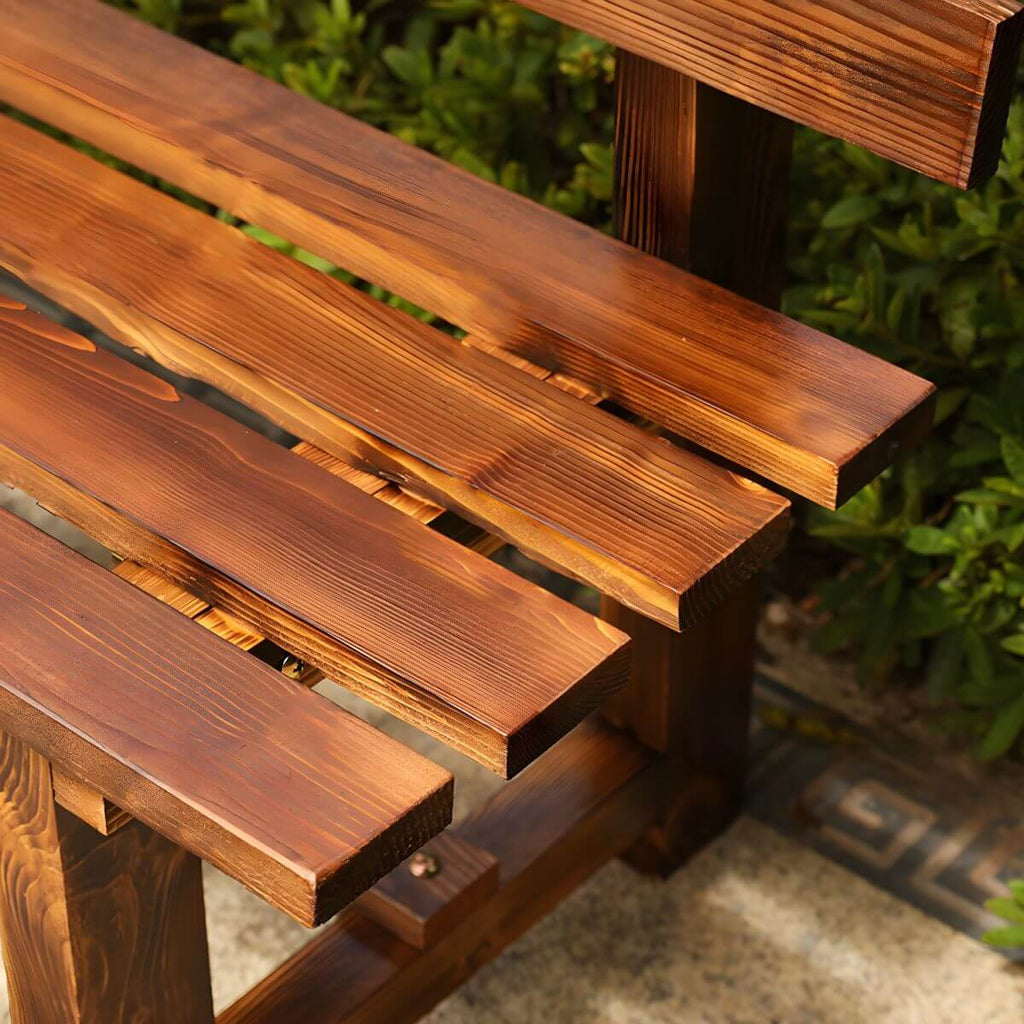 Rustic Solid Wood Outdoor Bench with Sculptural Backrest and Waterproof Finish