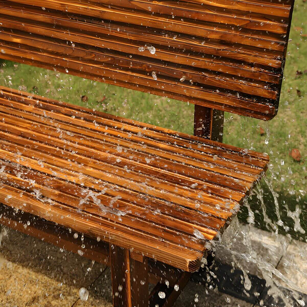 Rustic Solid Wood Outdoor Bench with Sculptural Backrest and Waterproof Finish