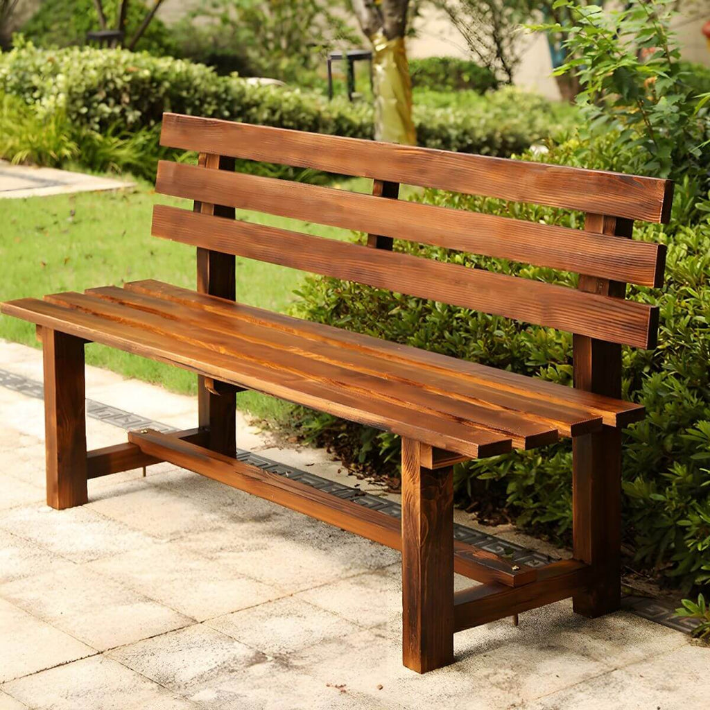 Rustic Solid Wood Outdoor Bench with Sculptural Backrest and Waterproof Finish