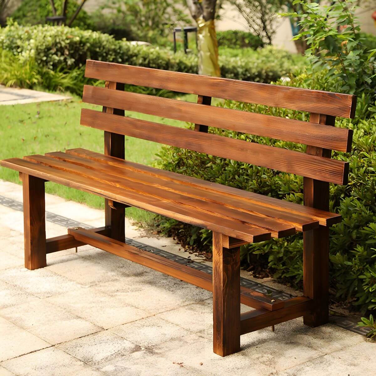 Rustic Solid Wood Outdoor Bench with Sculptural Backrest and Waterproof Finish