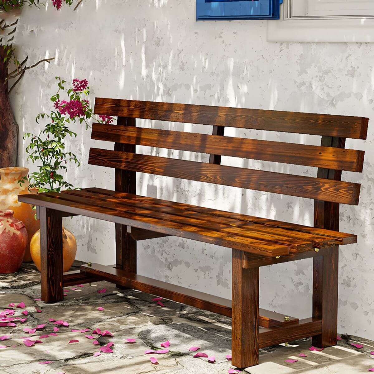 Rustic solid wood outdoor bench with sculptural backrest and waterproof finish, showcasing natural wood grain and craftsmanship