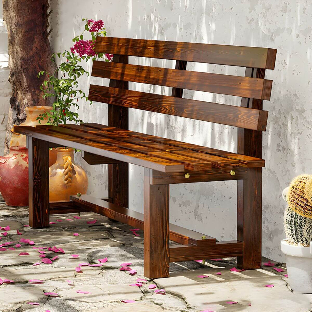 Rustic Solid Wood Outdoor Bench with Sculptural Backrest and Waterproof Finish Main Product Image