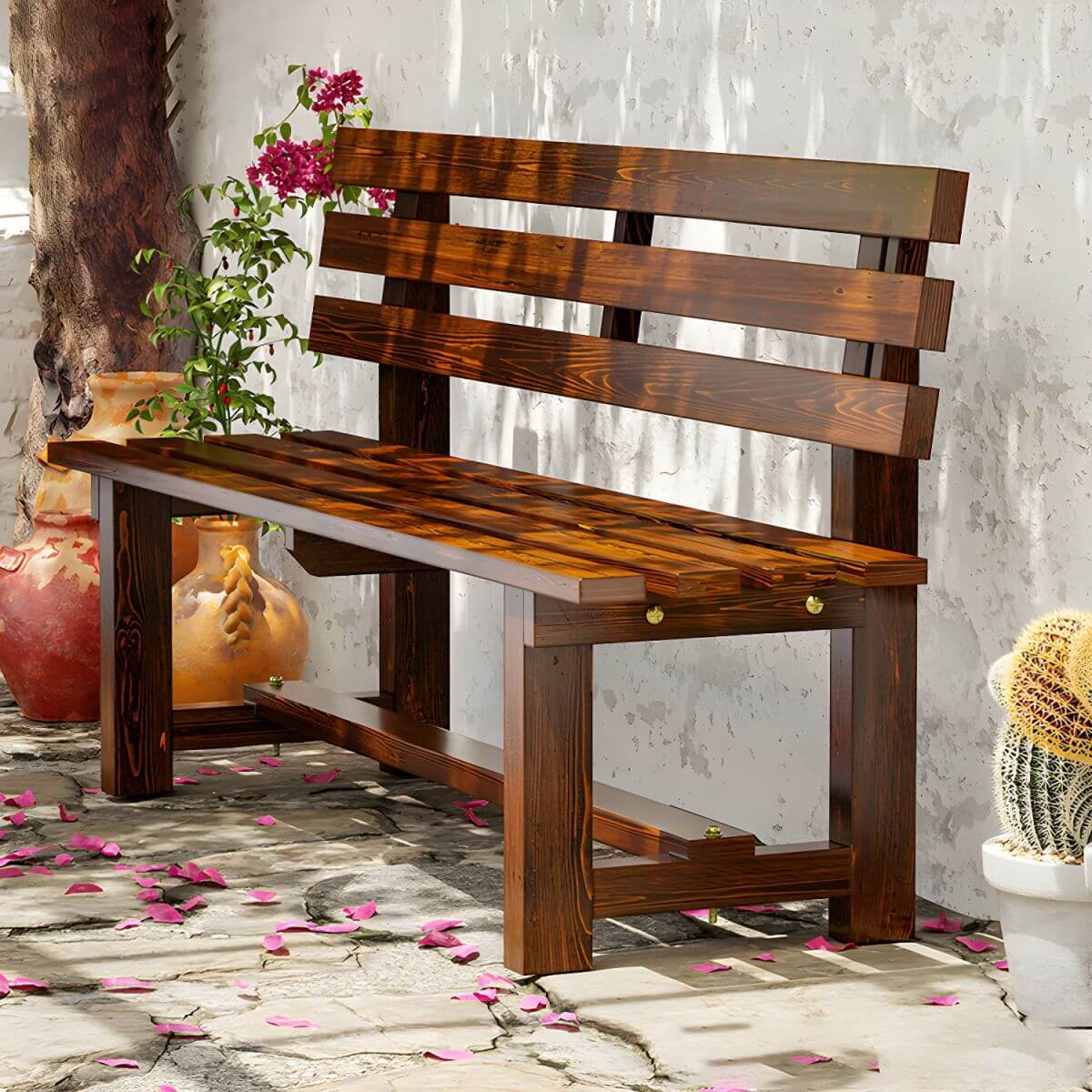 Rustic Solid Wood Outdoor Bench with Sculptural Backrest and Waterproof Finish Main Product Image