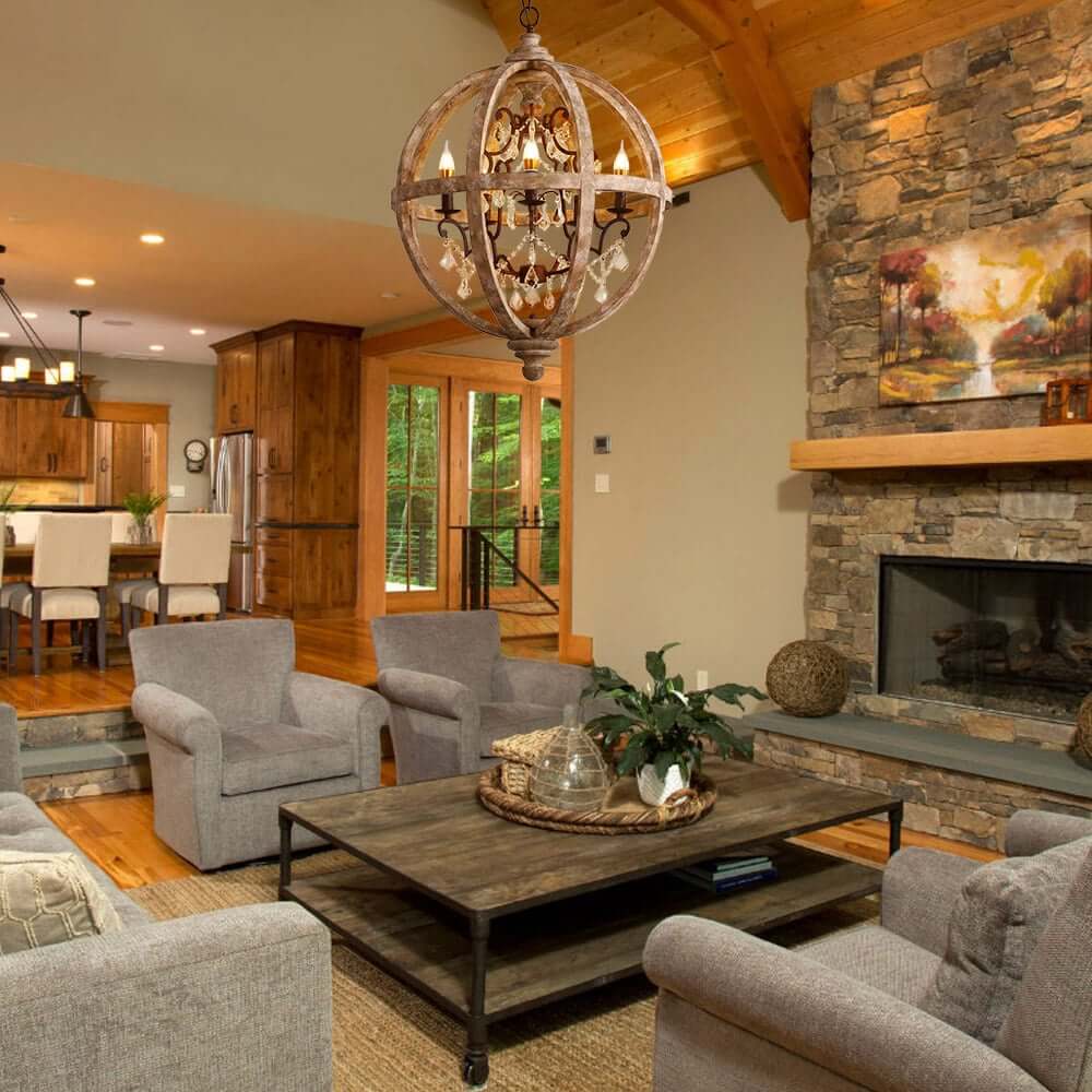 Rustic Wood and Crystal 5-Light Candle-Style Chandelier