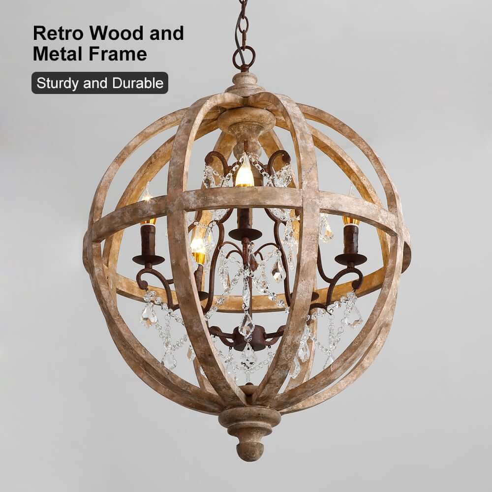 Rustic Wood and Crystal 5-Light Candle-Style Chandelier