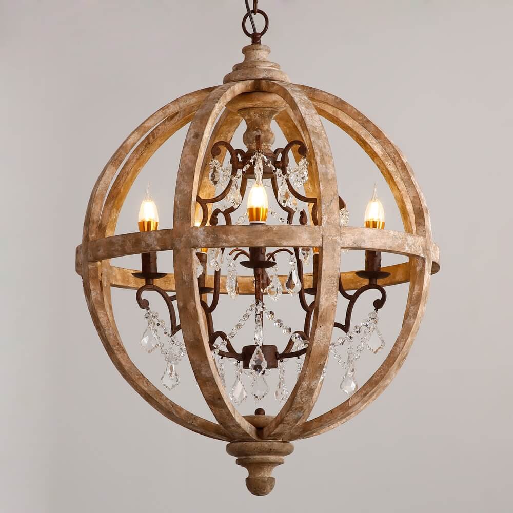 Rustic Wood and Crystal 5-Light Candle-Style Chandelier Main Product Image