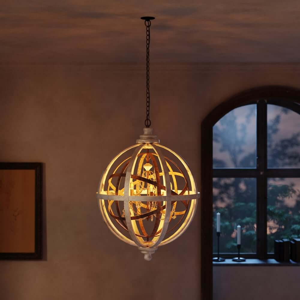 Rustic Wood and Crystal 5-Light Globe Chandelier