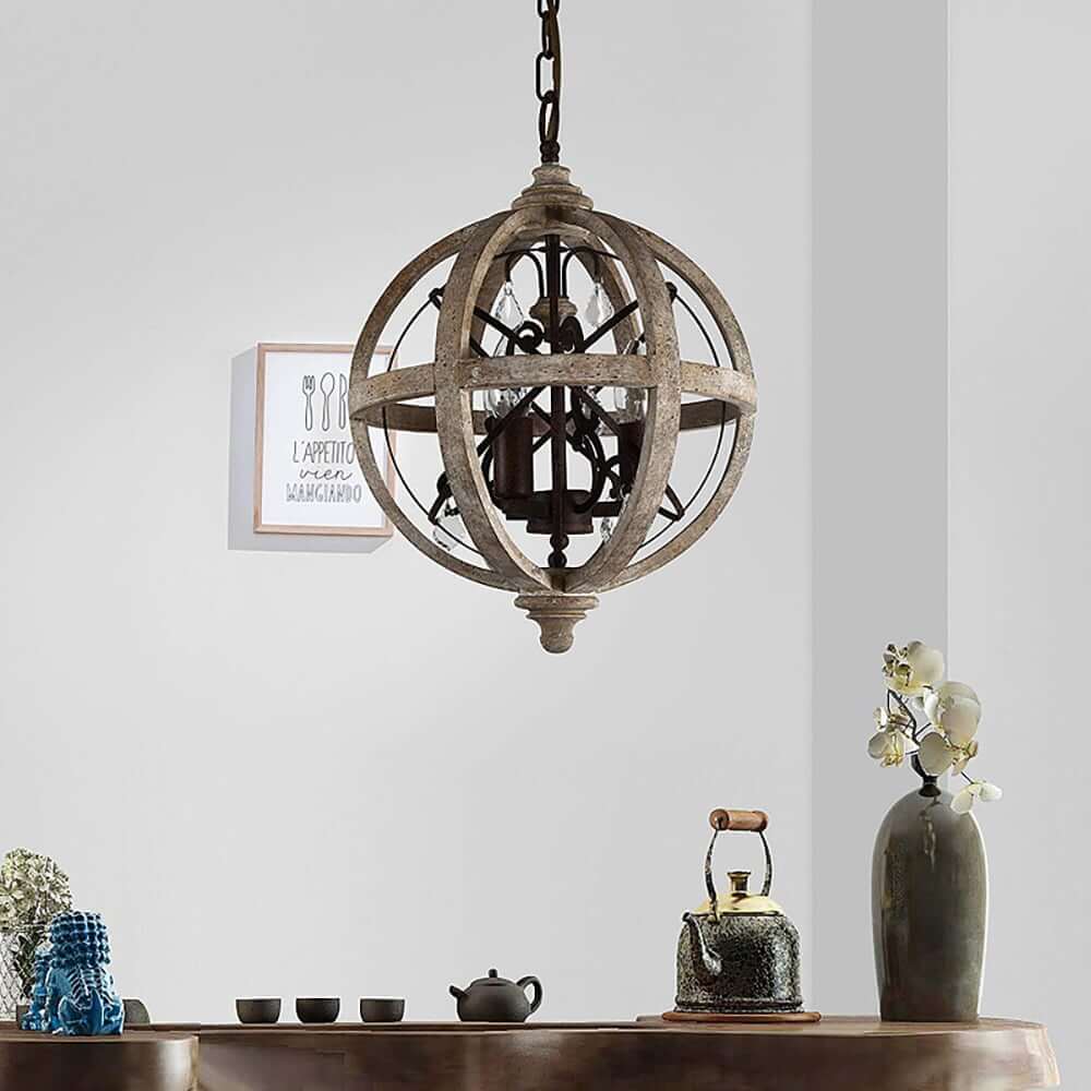 Rustic Wood and Crystal 5-Light Globe Chandelier
