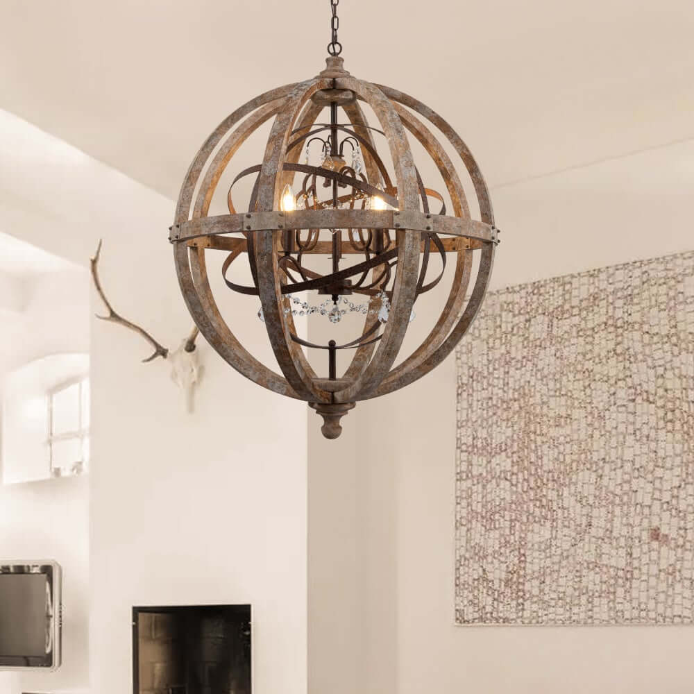 Rustic Wood and Crystal 5-Light Globe Chandelier