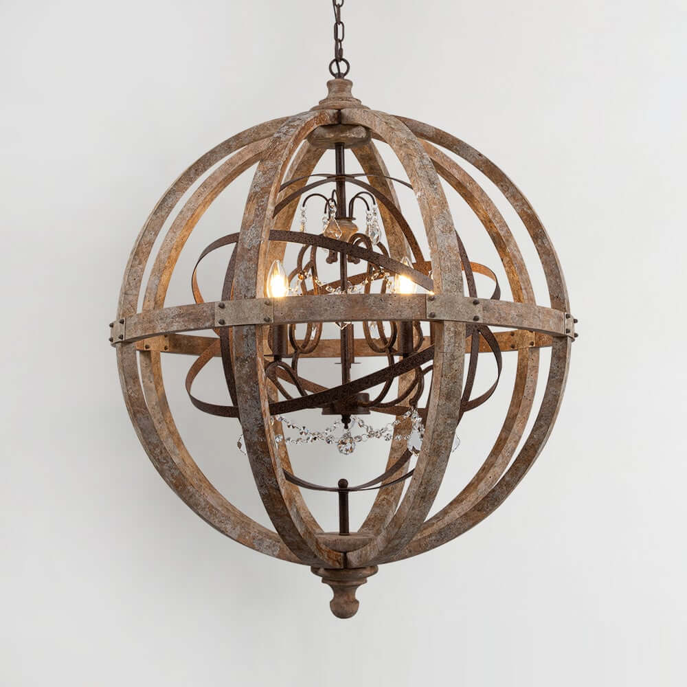 Rustic Wood and Crystal 5-Light Globe Chandelier
