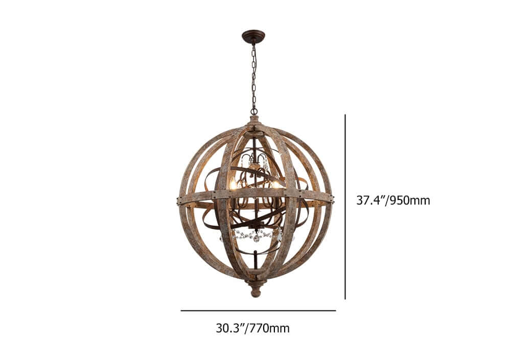 Rustic Wood and Crystal 5-Light Globe Chandelier Dimensions