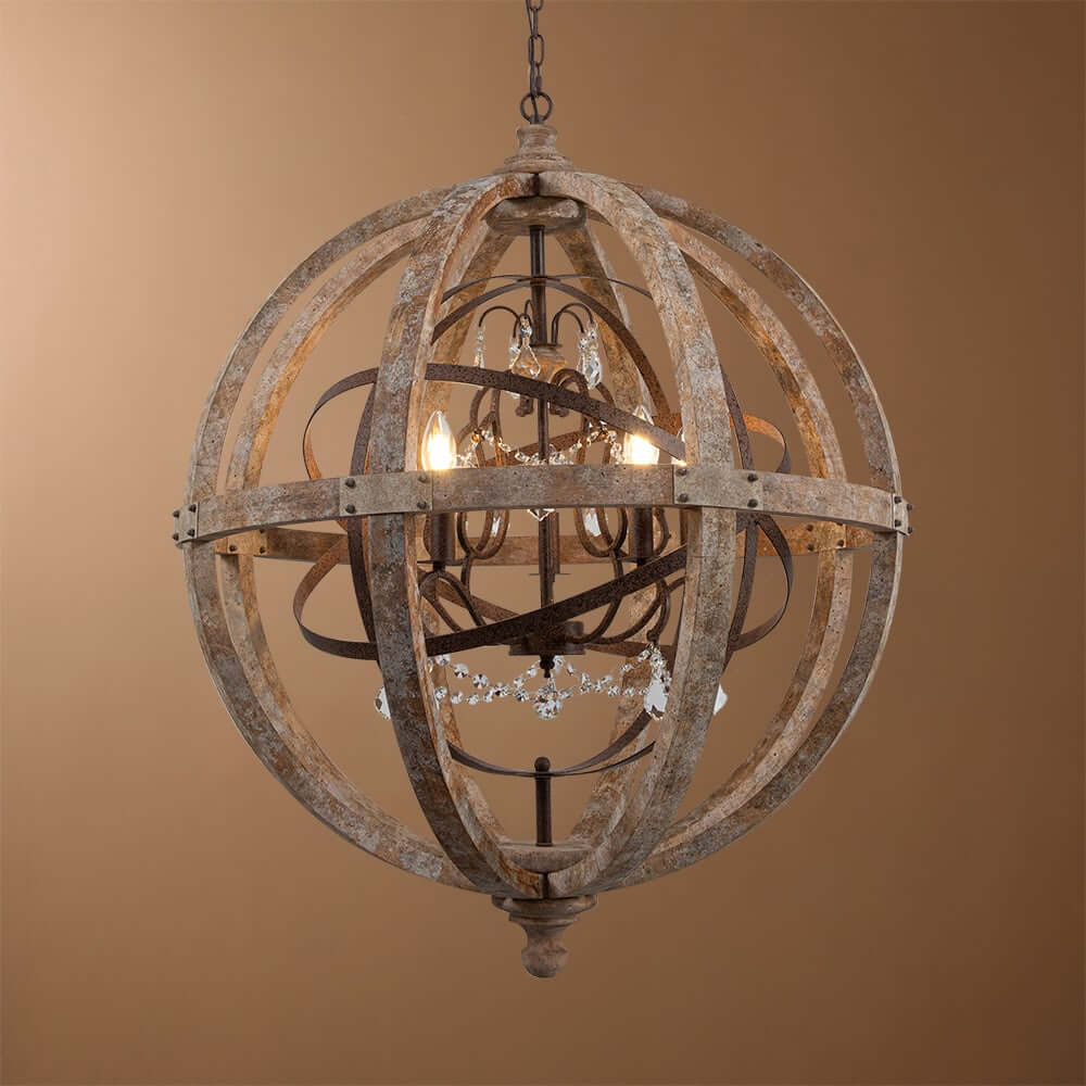 Rustic Wood and Crystal 5-Light Globe Chandelier Main Product Image