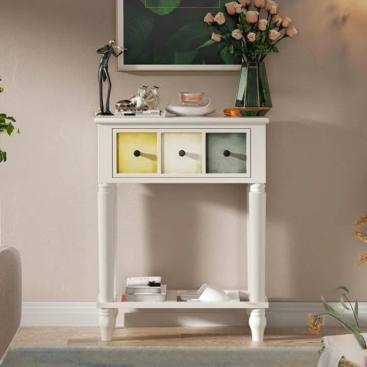 Rustic Wood Console Table with Drawers and Open Shelf