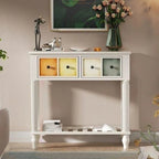 Rustic Wood Console Table with Drawers and Open Shelf
