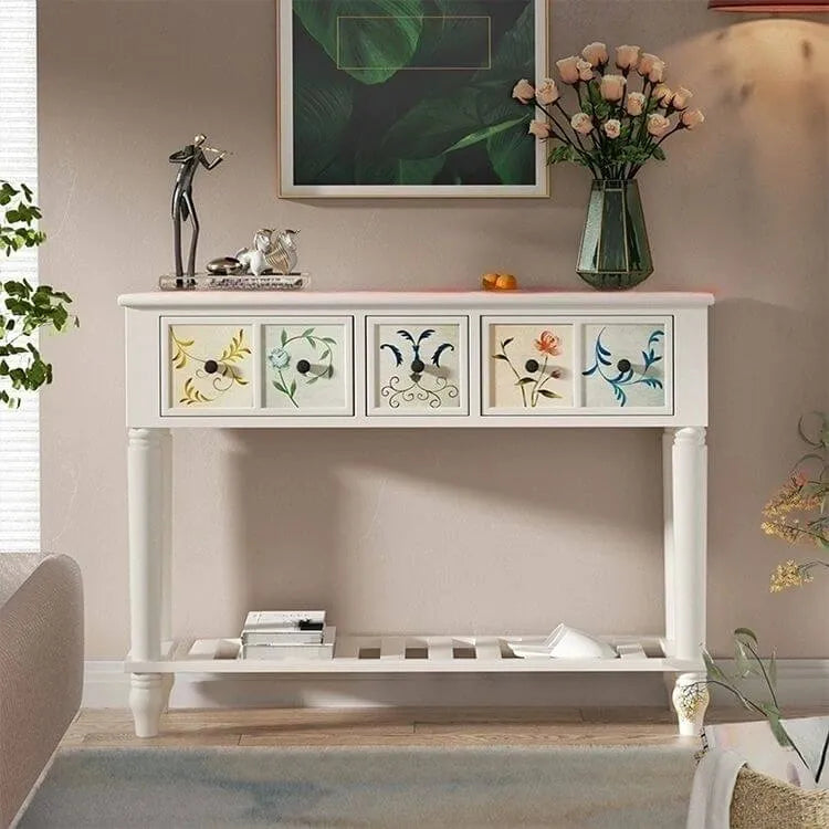 Rustic Wood Console Table with Drawers and Open Shelf