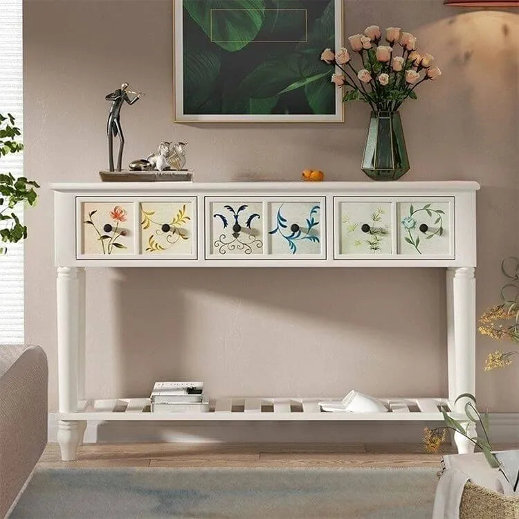 Rustic Wood Console Table with Drawers and Open Shelf