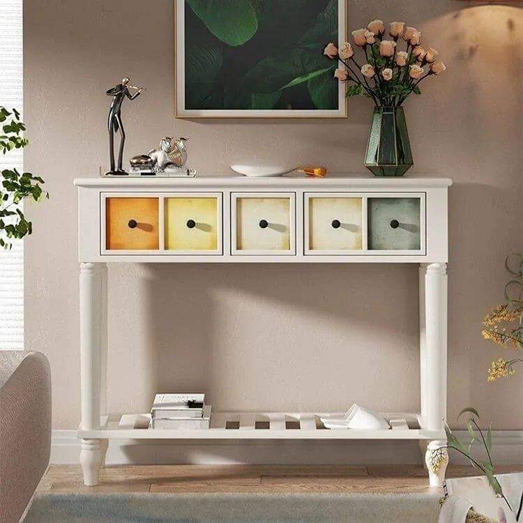 Rustic Wood Console Table with Drawers and Open Shelf