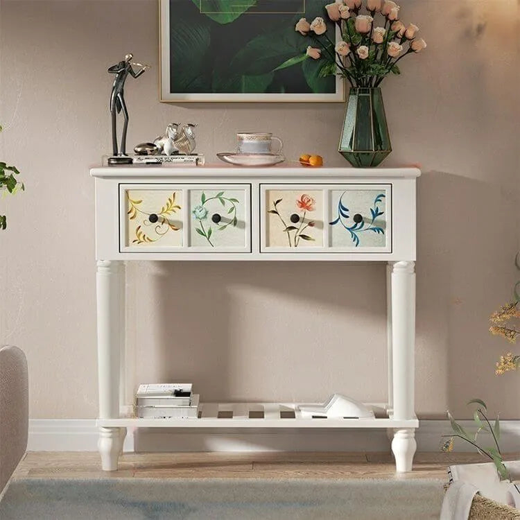 Rustic Wood Console Table with Drawers and Open Shelf