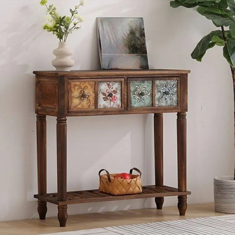 Rustic Wood Console Table with Drawers and Open Shelf