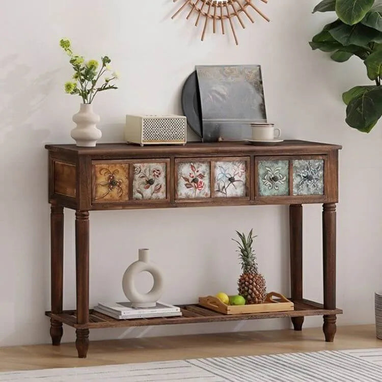 Rustic Wood Console Table with Drawers and Open Shelf