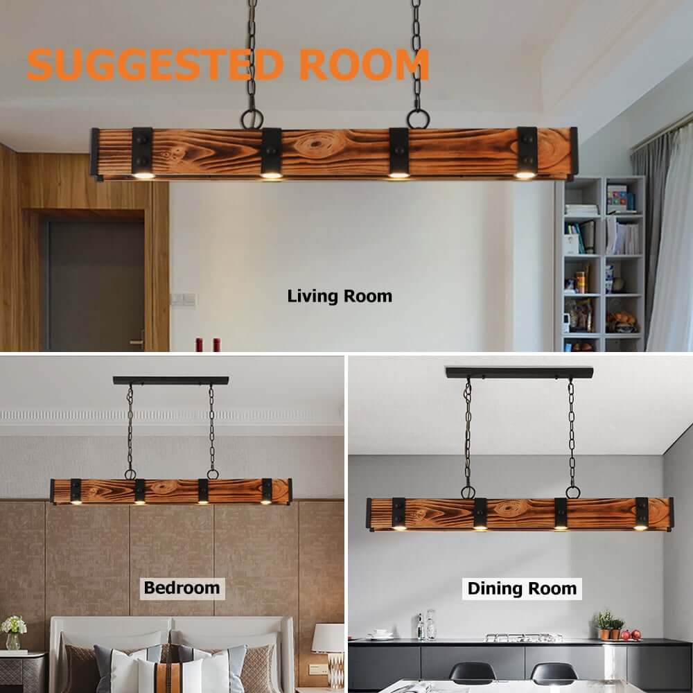 Rustic Wood Linear Island Pendant Light with Adjustable Chain