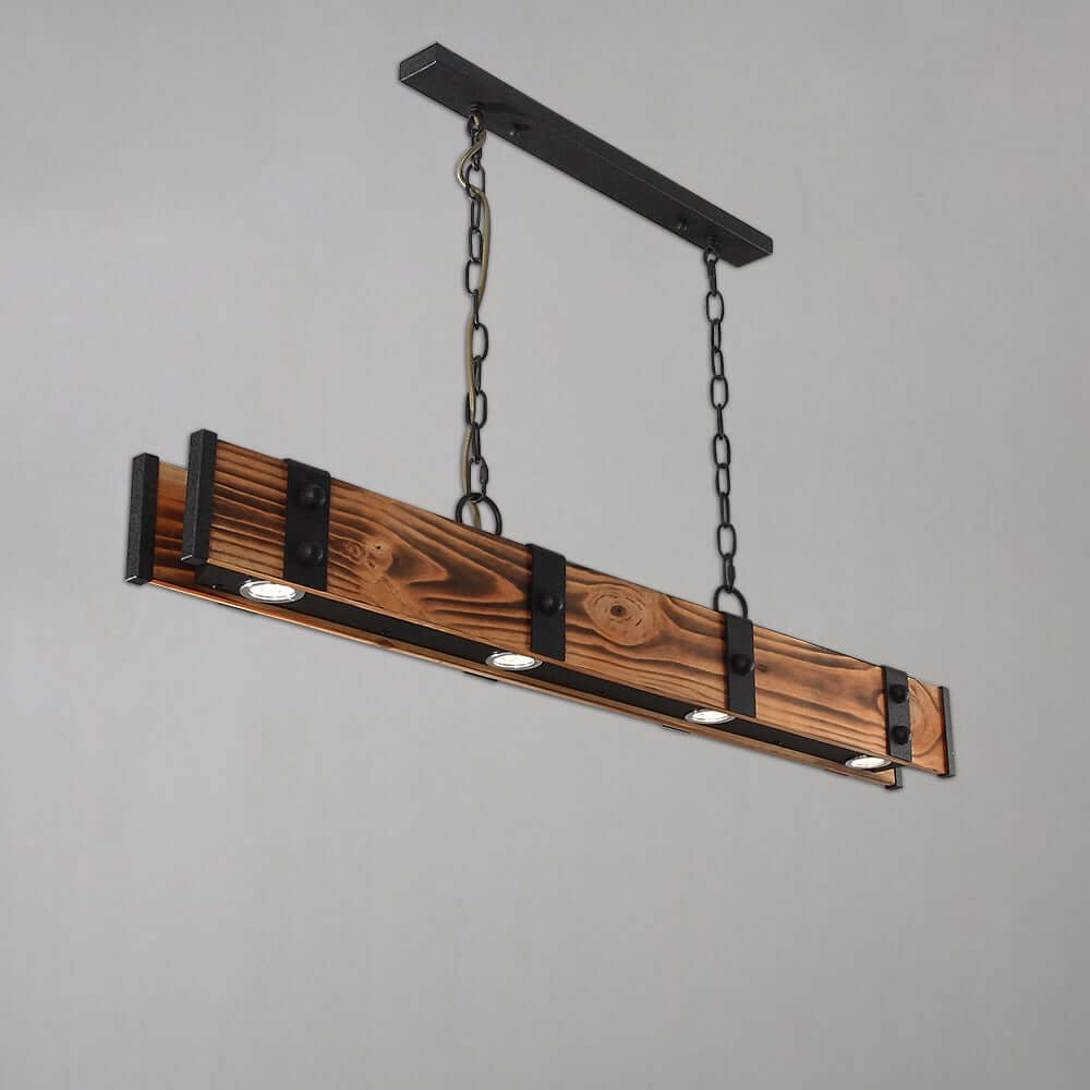 Rustic Wood Linear Island Pendant Light with Adjustable Chain