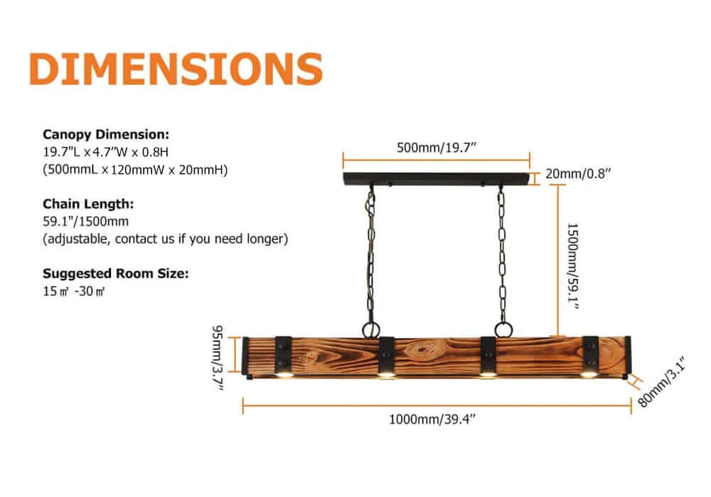 Rustic Wood Linear Island Pendant Light with Adjustable Chain Dimensions
