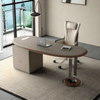 Saddle Leather Crescent Office Desk with Walnut Trim and Hidden Charging