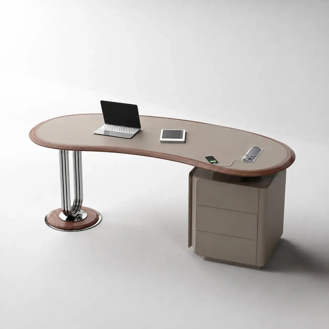 Saddle Leather Crescent Office Desk with Walnut Trim and Hidden Charging