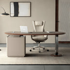 Saddle Leather Crescent Office Desk with Walnut Trim and Hidden Charging