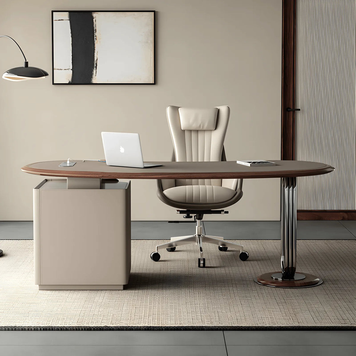 Saddle Leather Crescent Office Desk with Walnut Trim and Hidden Charging