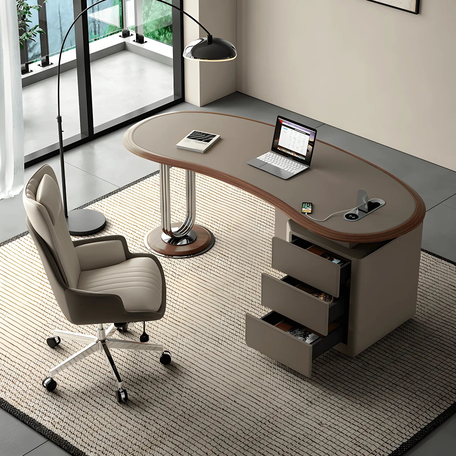 Bureau en croissant en cuir selle avec finition noyer et charge intégrée Image secondaire du produit