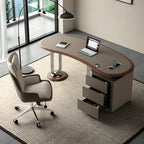 Saddle Leather Crescent Office Desk with Walnut Trim and Hidden Charging