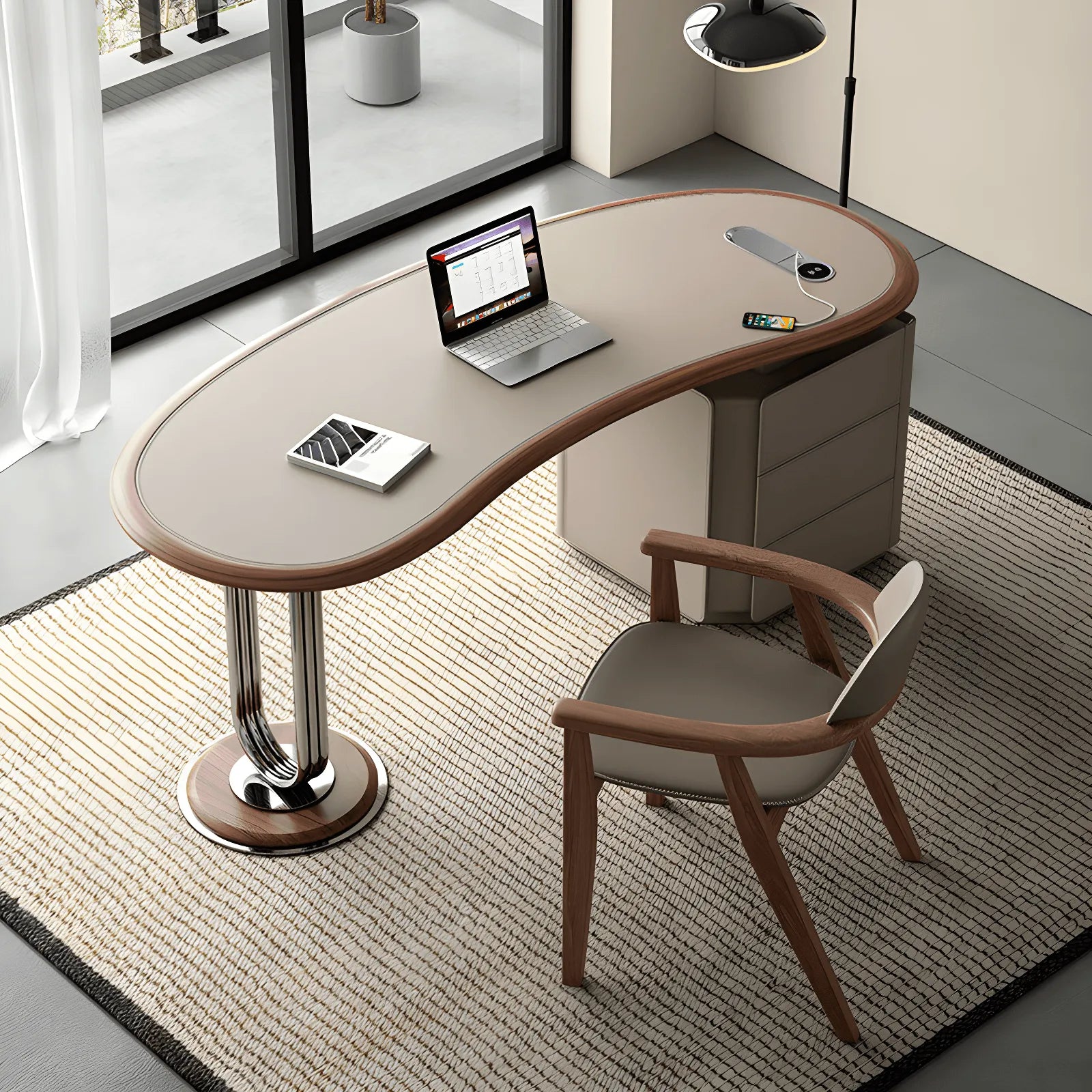 Saddle Leather Crescent Office Desk with Walnut Trim and Hidden Charging Main Product Image