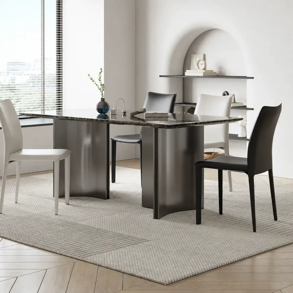 Saddle Leather Dining Chair Series with Sculpted Curves and Stackable Form