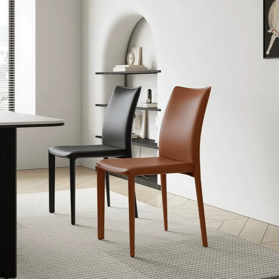 Saddle Leather Dining Chair Series with Sculpted Curves and Stackable Form
