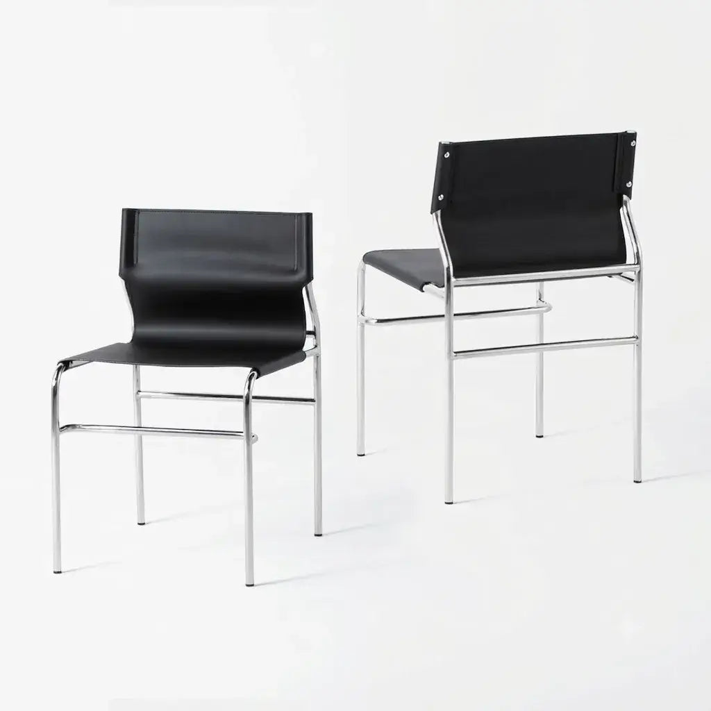 Saddle Leather Dining Chair with Bauhaus Lines and Steel Frame