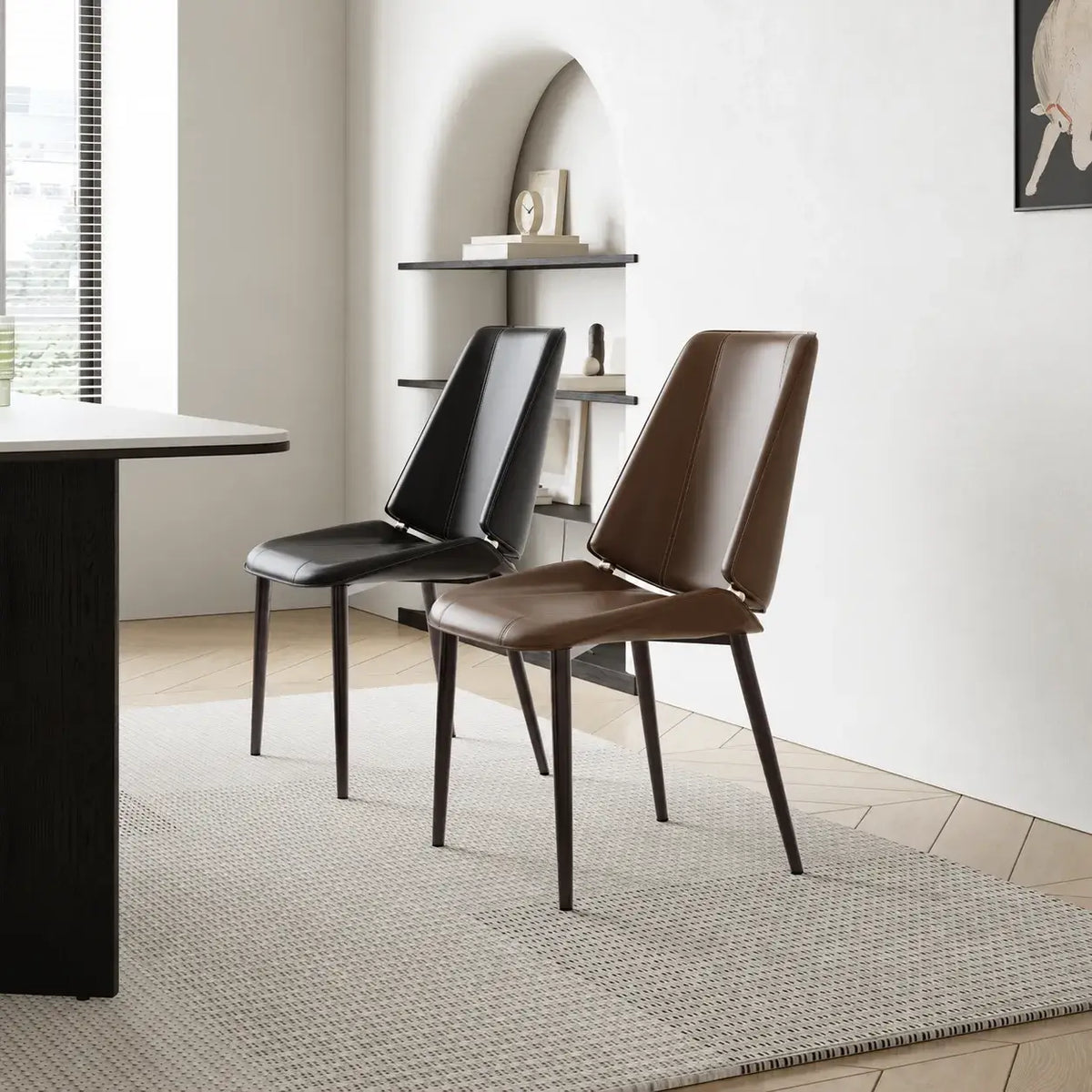 Saddle Leather Dining Chair with Sculpted Back and Slim Metal Legs