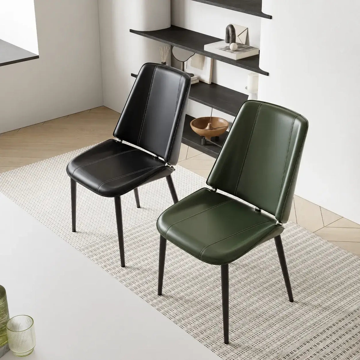 Saddle Leather Dining Chair with Sculpted Back and Slim Metal Legs