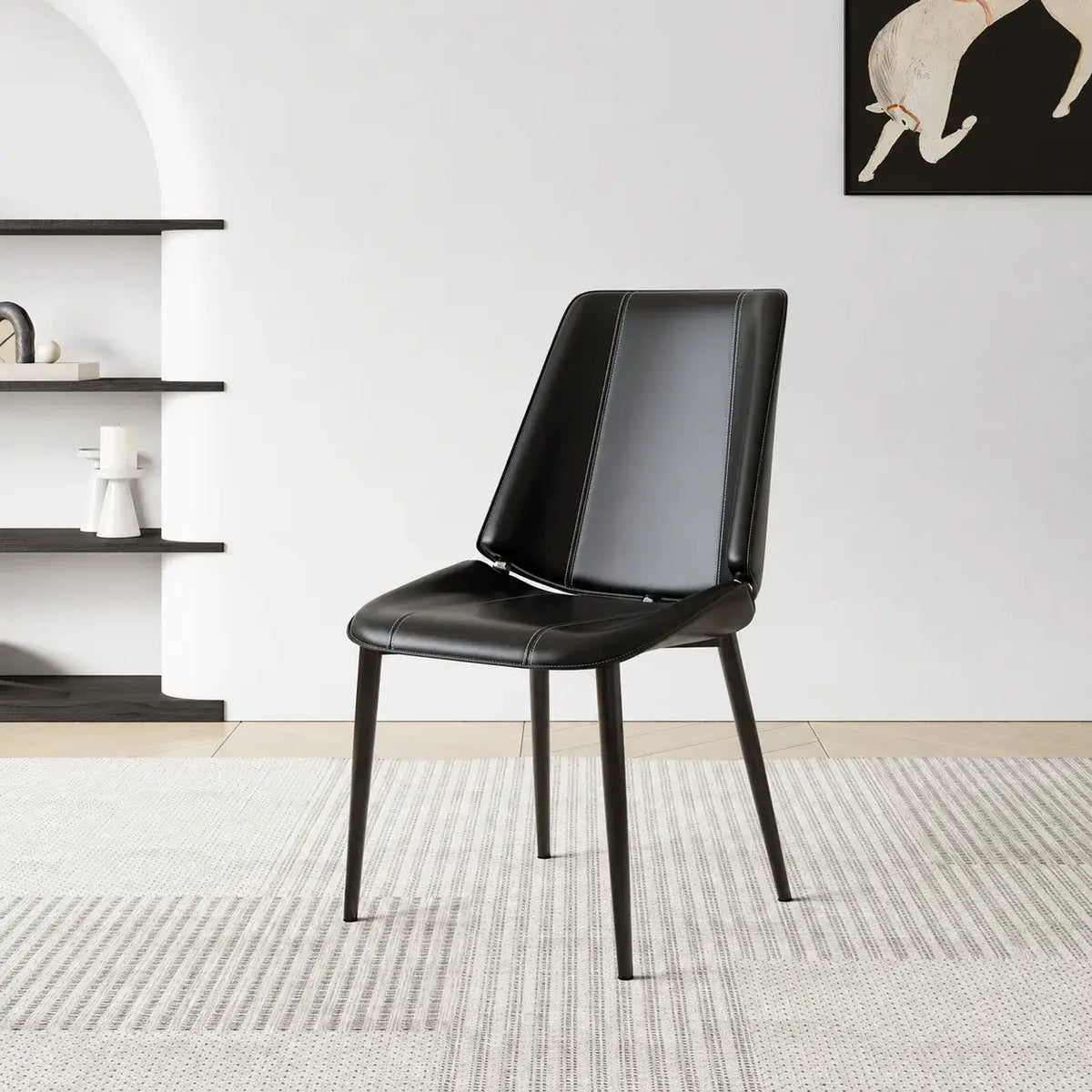 Saddle Leather Dining Chair with Sculpted Back and Slim Metal Legs