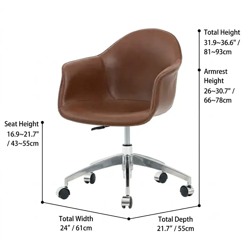 Saddle Leather Office Chair with Sculpted C-Curve Back and Swivel Lift Base Dimensions