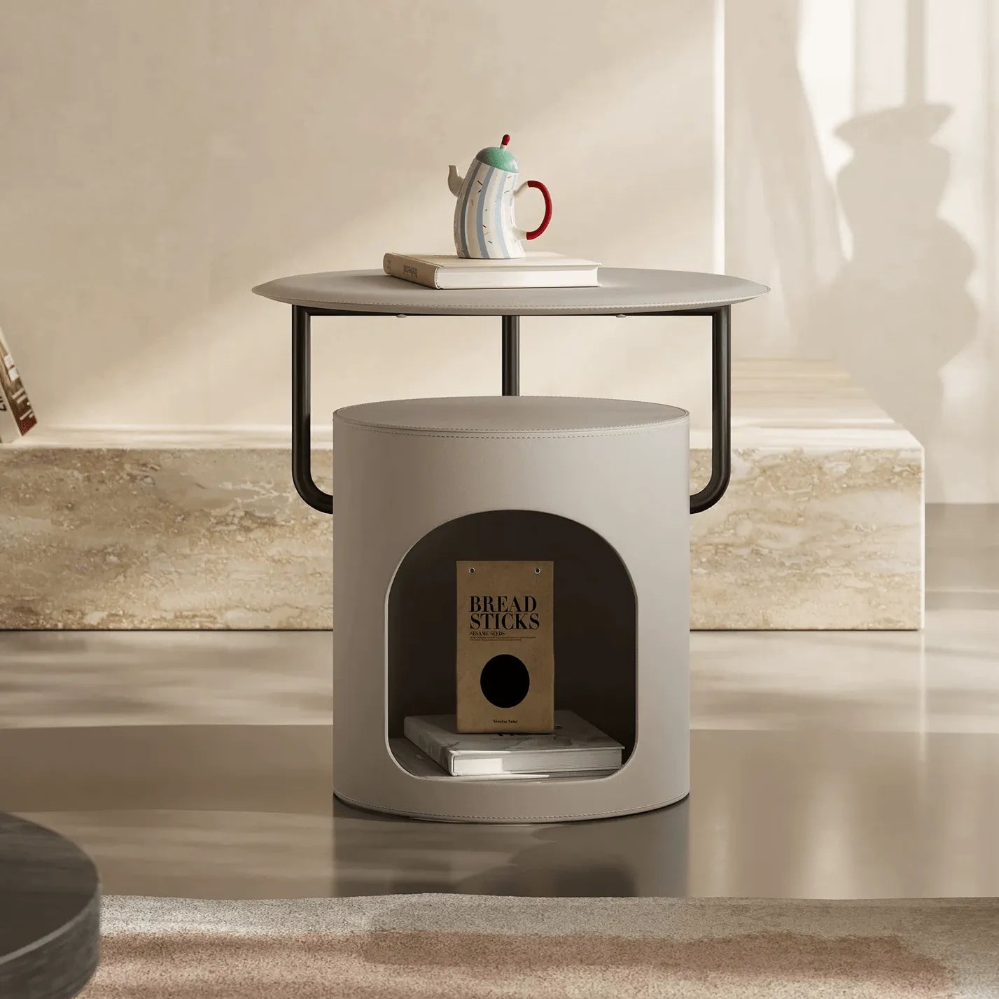 Saddle Leather Side Table With Pet-Friendly Nook, Multifunctional Nightstand Main Product Image